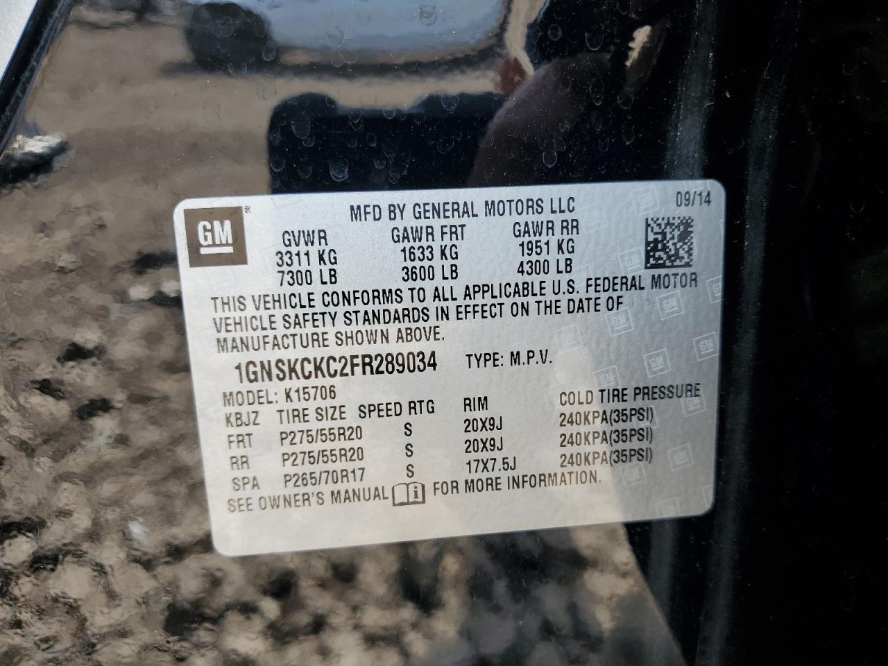 2015 Chevrolet Tahoe K1500 Ltz VIN: 1GNSKCKC2FR289034 Lot: 57067225