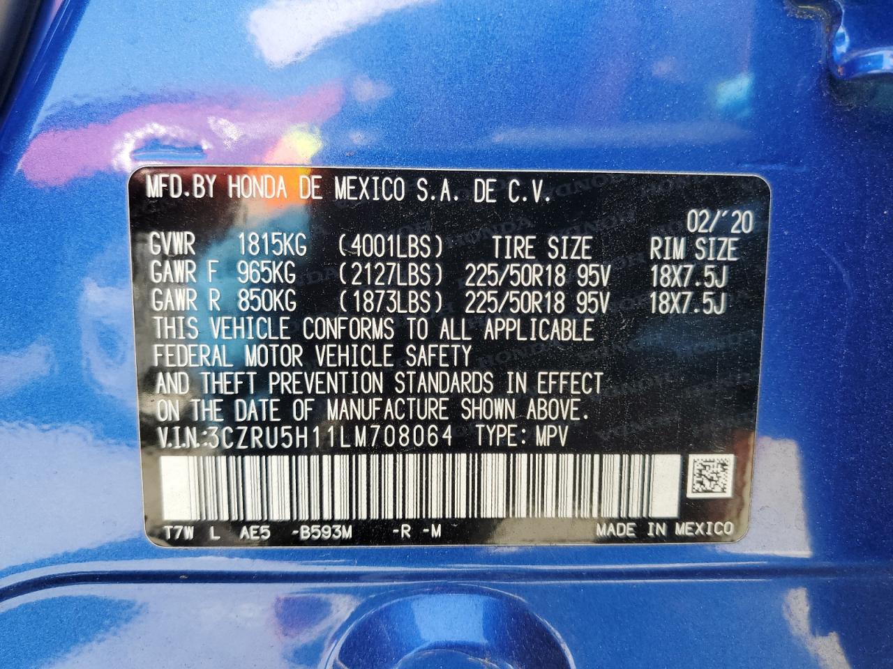 2020 Honda Hr-V Sport VIN: 3CZRU5H11LM708064 Lot: 57001165