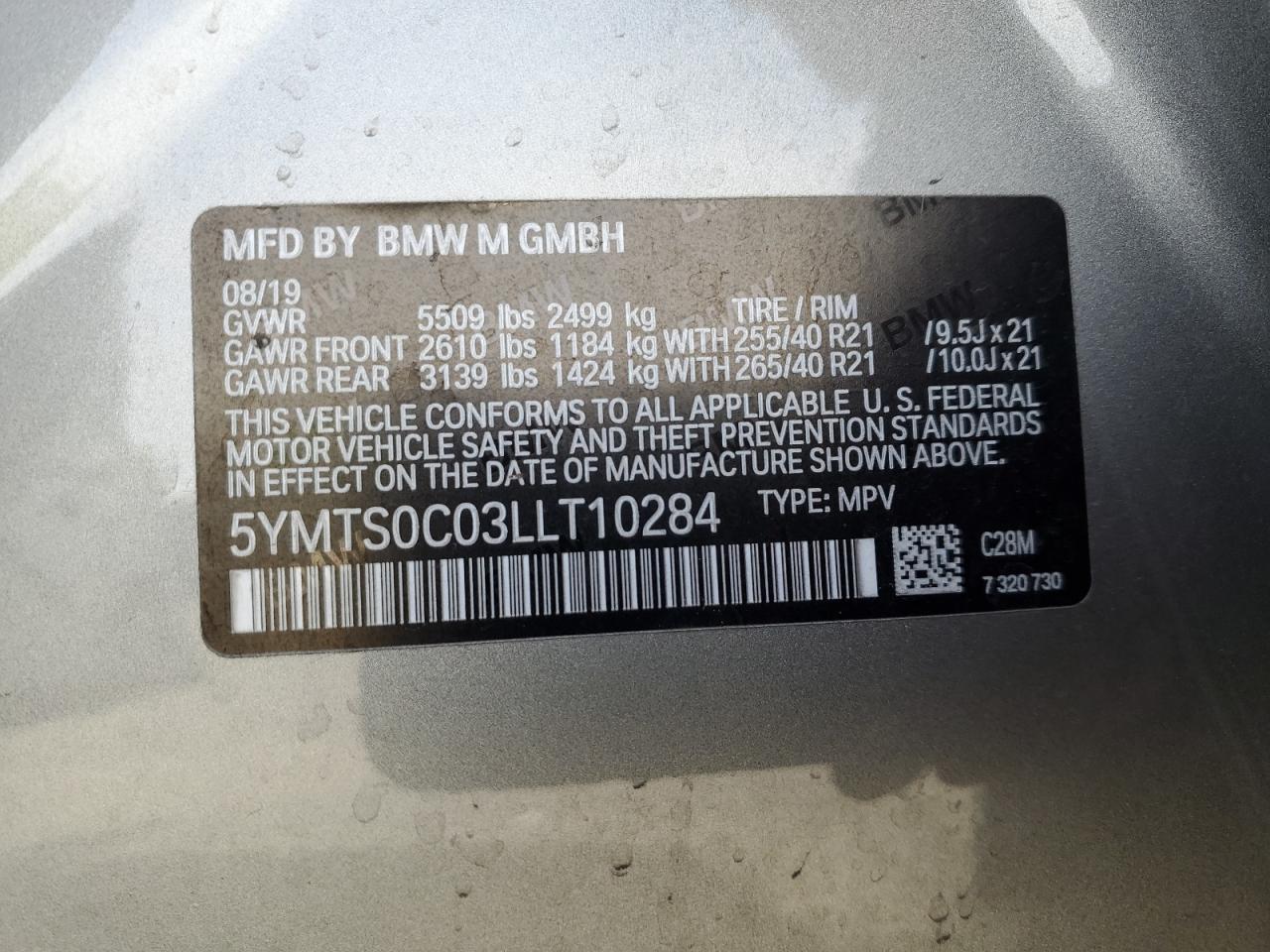 2020 BMW X3 M Competition VIN: 5YMTS0C03LLT10284 Lot: 57471275