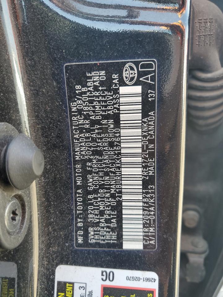 2019 Toyota Corolla L VIN: 2T1BURHEXKC167640 Lot: 57276495