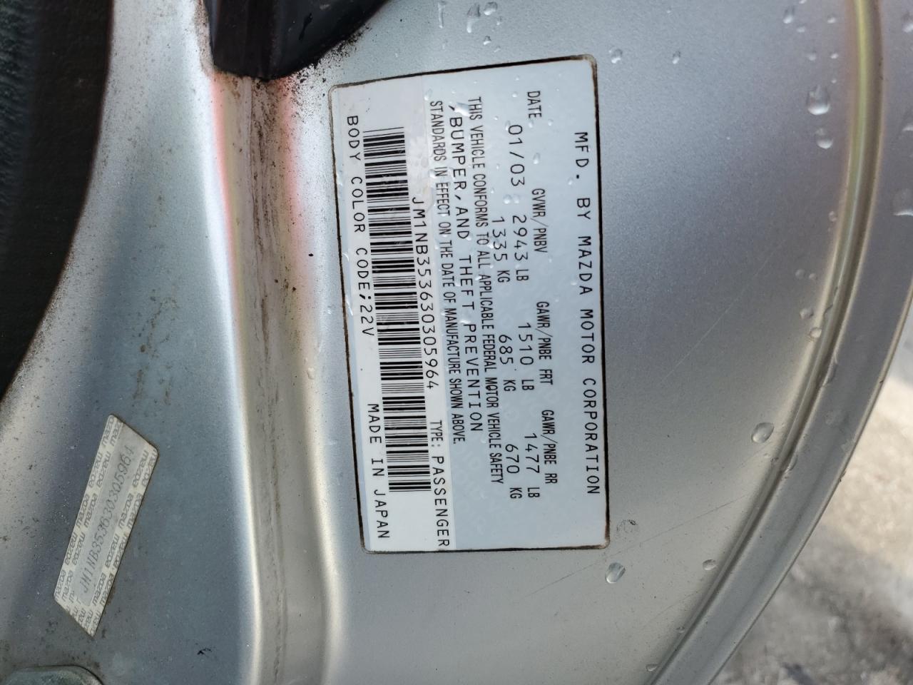 2003 Mazda Mx-5 Miata Base VIN: JM1NB353630305964 Lot: 58517505