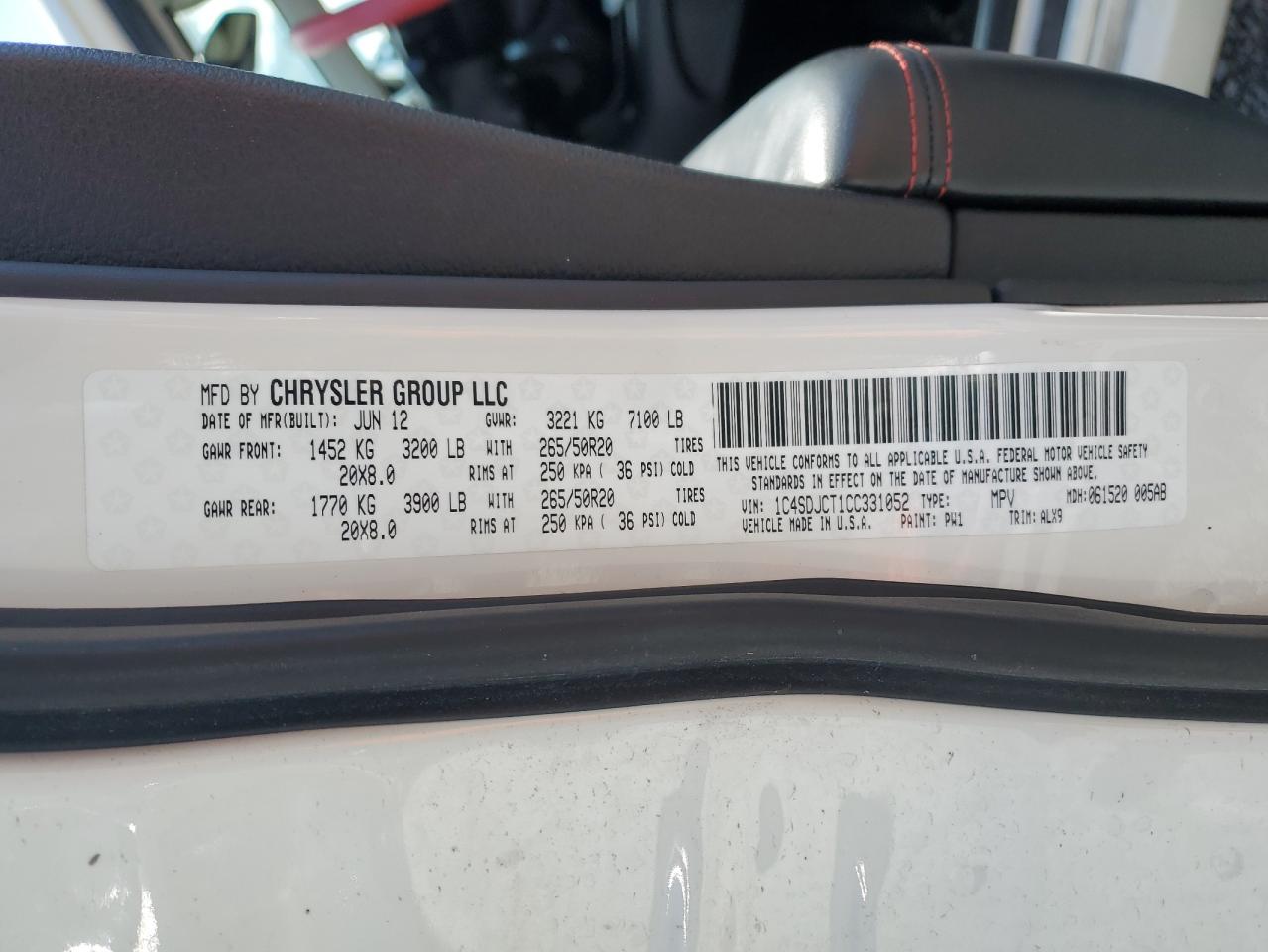 2012 Dodge Durango R/T VIN: 1C4SDJCT1CC331052 Lot: 56899465