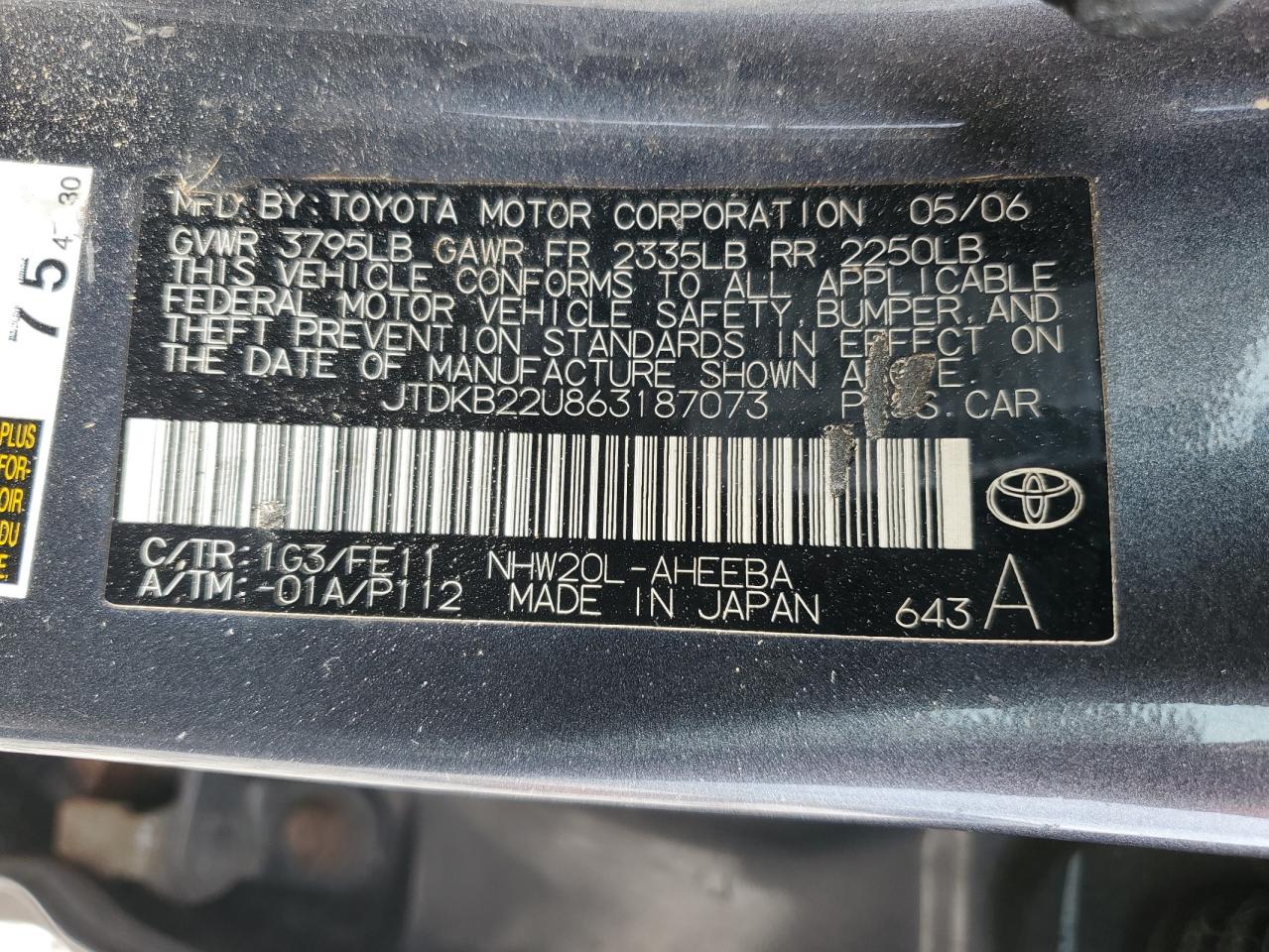 2006 Toyota Prius VIN: JTDKB22U863187073 Lot: 57050335