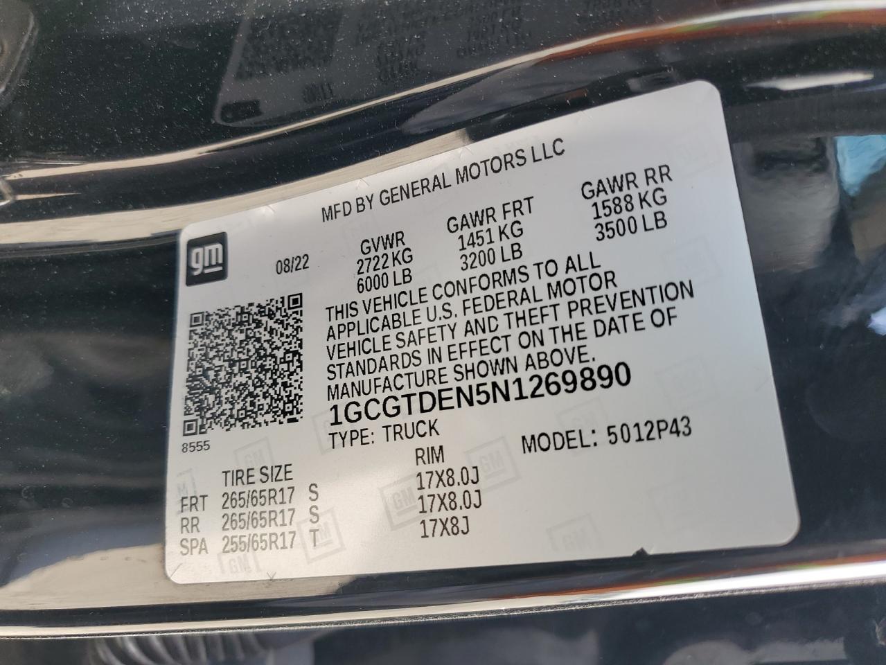 2022 Chevrolet Colorado Z71 VIN: 1GCGTDEN5N1269890 Lot: 57075455