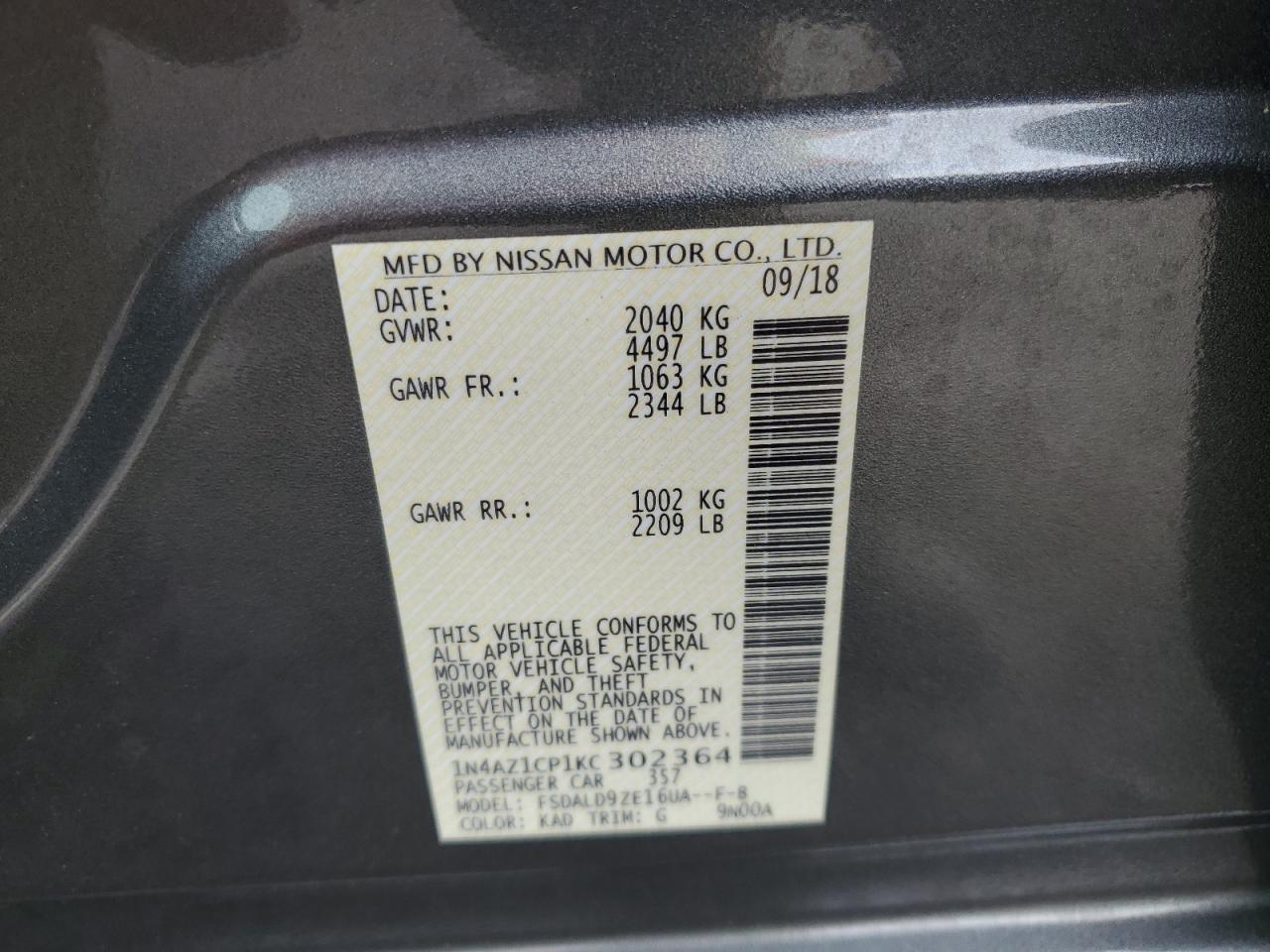 2019 Nissan Leaf S VIN: 1N4AZ1CP1KC302364 Lot: 57148955