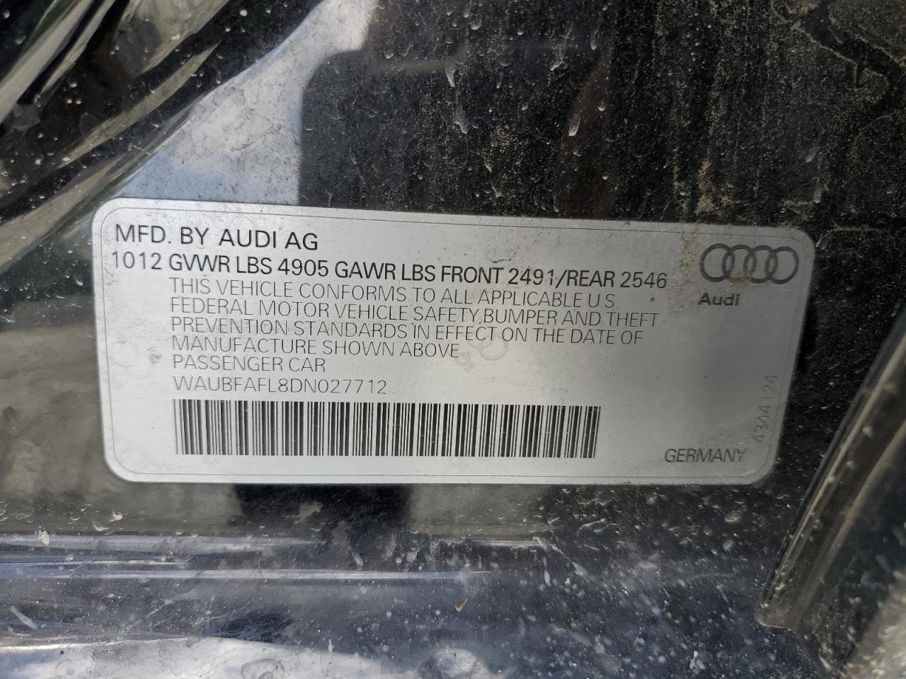 2013 Audi A4 Premium VIN: WAUBFAFL8DN027712 Lot: 57011675