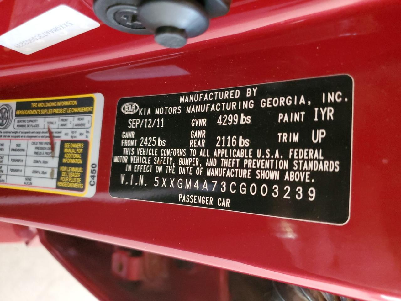 2012 Kia Optima Lx VIN: 5XXGM4A73CG003239 Lot: 56743935