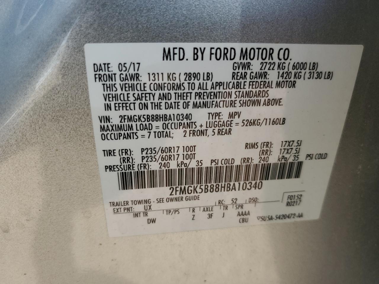 2017 Ford Flex Se VIN: 2FMGK5B88HBA10340 Lot: 54454015