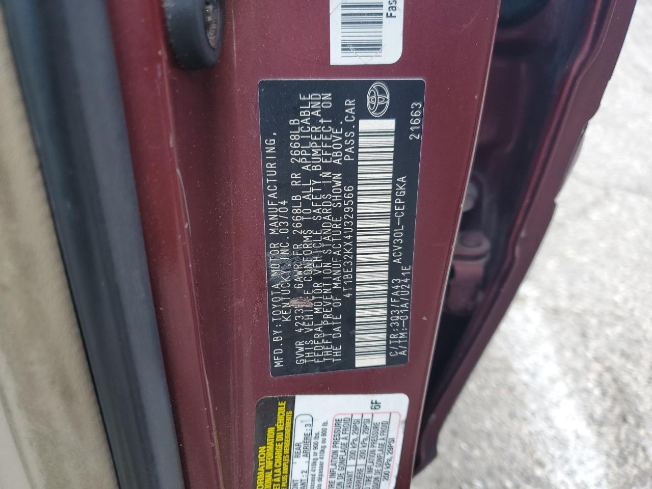 2004 Toyota Camry Le VIN: 4T1BE32KX4U329566 Lot: 56982045
