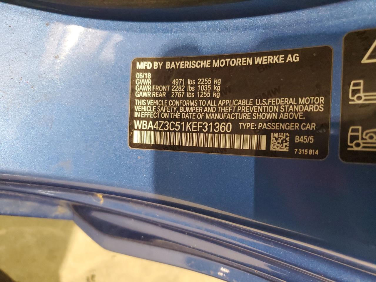 2019 BMW 430Xi VIN: WBA4Z3C51KEF31360 Lot: 52500085