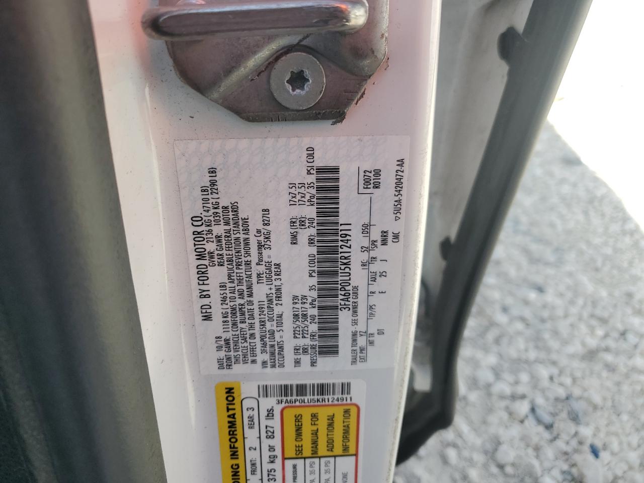 2019 Ford Fusion Se VIN: 3FA6P0LU5KR124911 Lot: 55083965