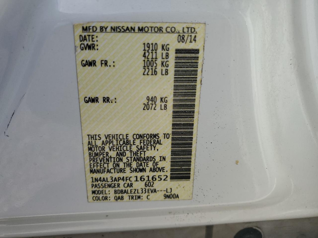 2015 Nissan Altima 2.5 VIN: 1N4AL3AP4FC161652 Lot: 56678835