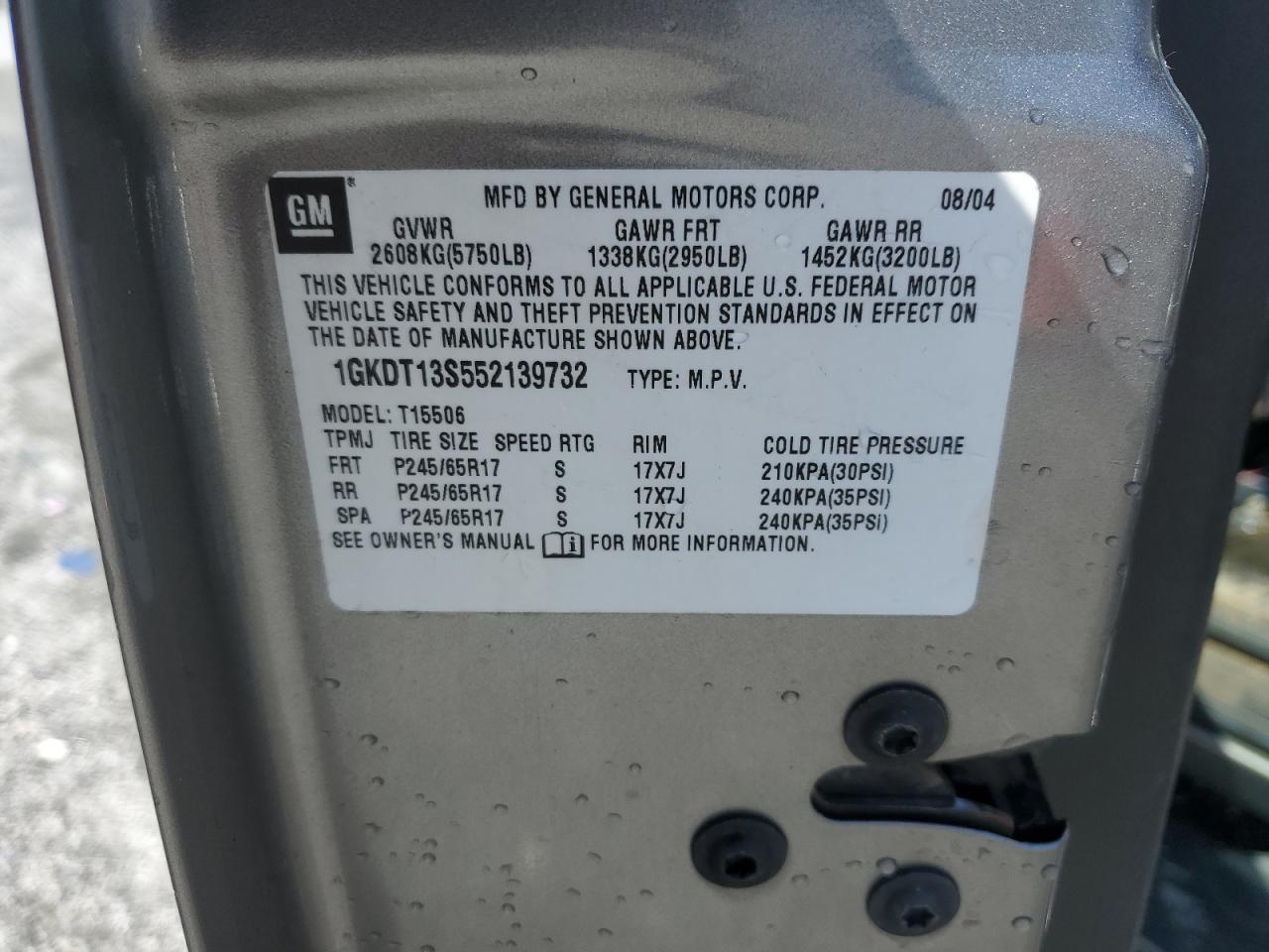 2005 GMC Envoy VIN: 1GKDT13S552139732 Lot: 56458285