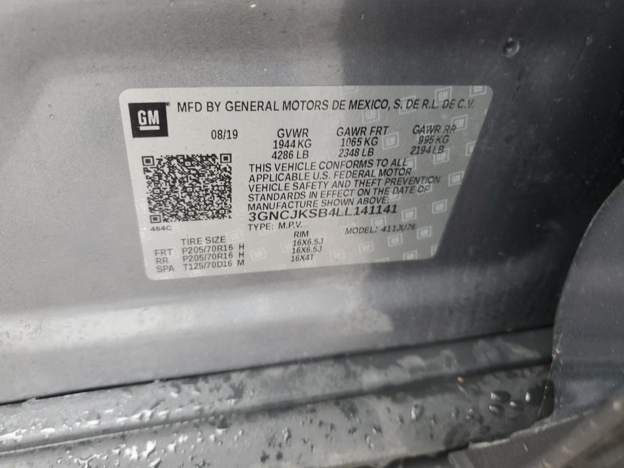 2020 Chevrolet Trax Ls VIN: 3GNCJKSB4LL141141 Lot: 56001635