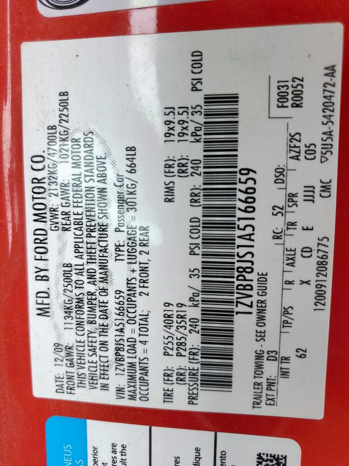 2010 Ford Mustang Shelby Gt500 VIN: 1ZVBP8JS1A5166659 Lot: 57502925