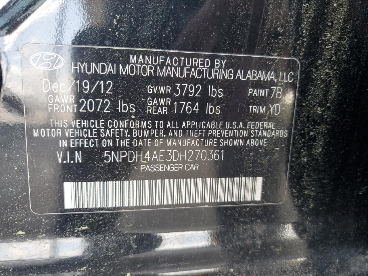 2013 Hyundai Elantra Gls VIN: 5NPDH4AE3DH270361 Lot: 56752665