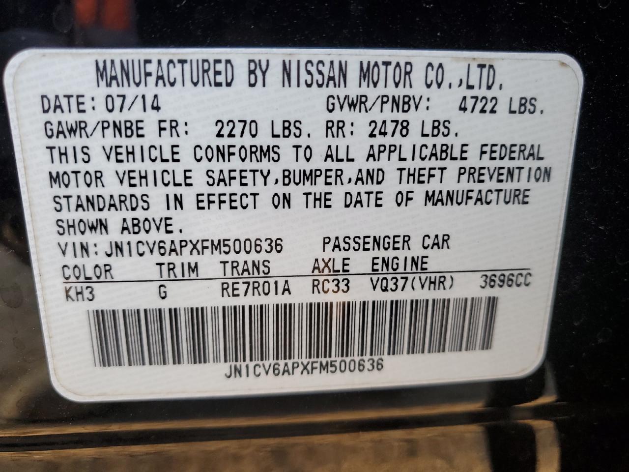2015 Infiniti Q40 VIN: JN1CV6APXFM500636 Lot: 55507725