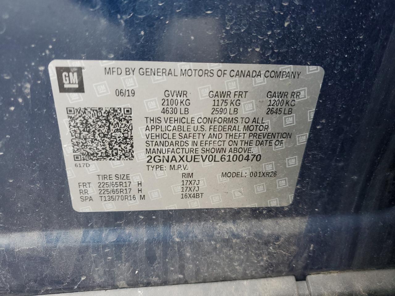 2020 Chevrolet Equinox Lt VIN: 2GNAXUEV0L6100470 Lot: 58378095