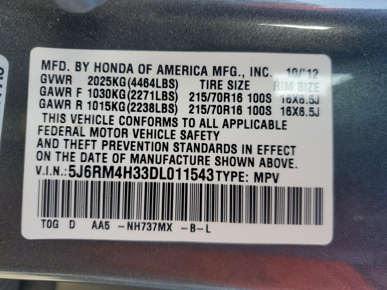 2013 Honda Cr-V Lx VIN: 5J6RM4H33DL011543 Lot: 56527345