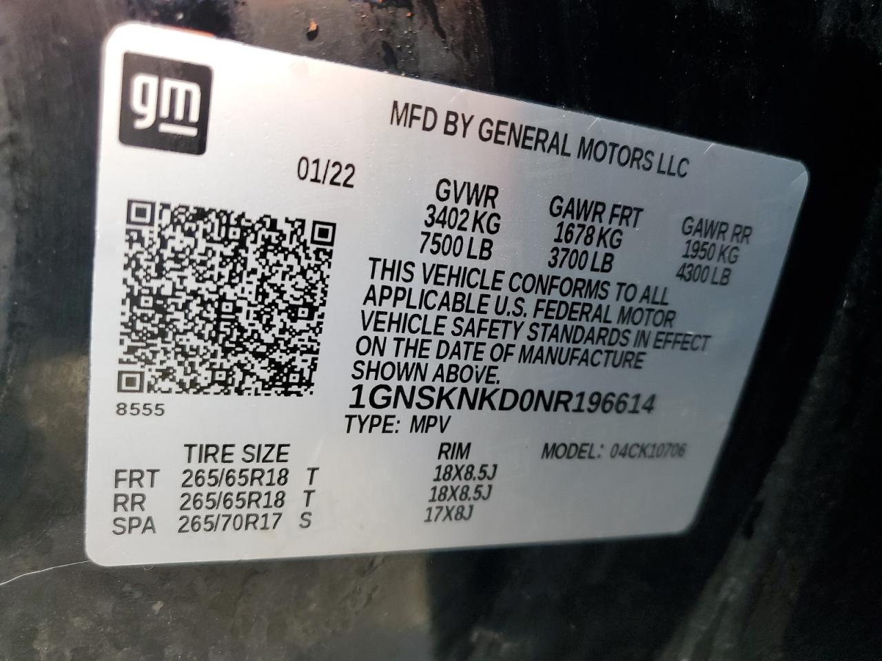 2022 Chevrolet Tahoe K1500 Lt VIN: 1GNSKNKD0NR196614 Lot: 57806285