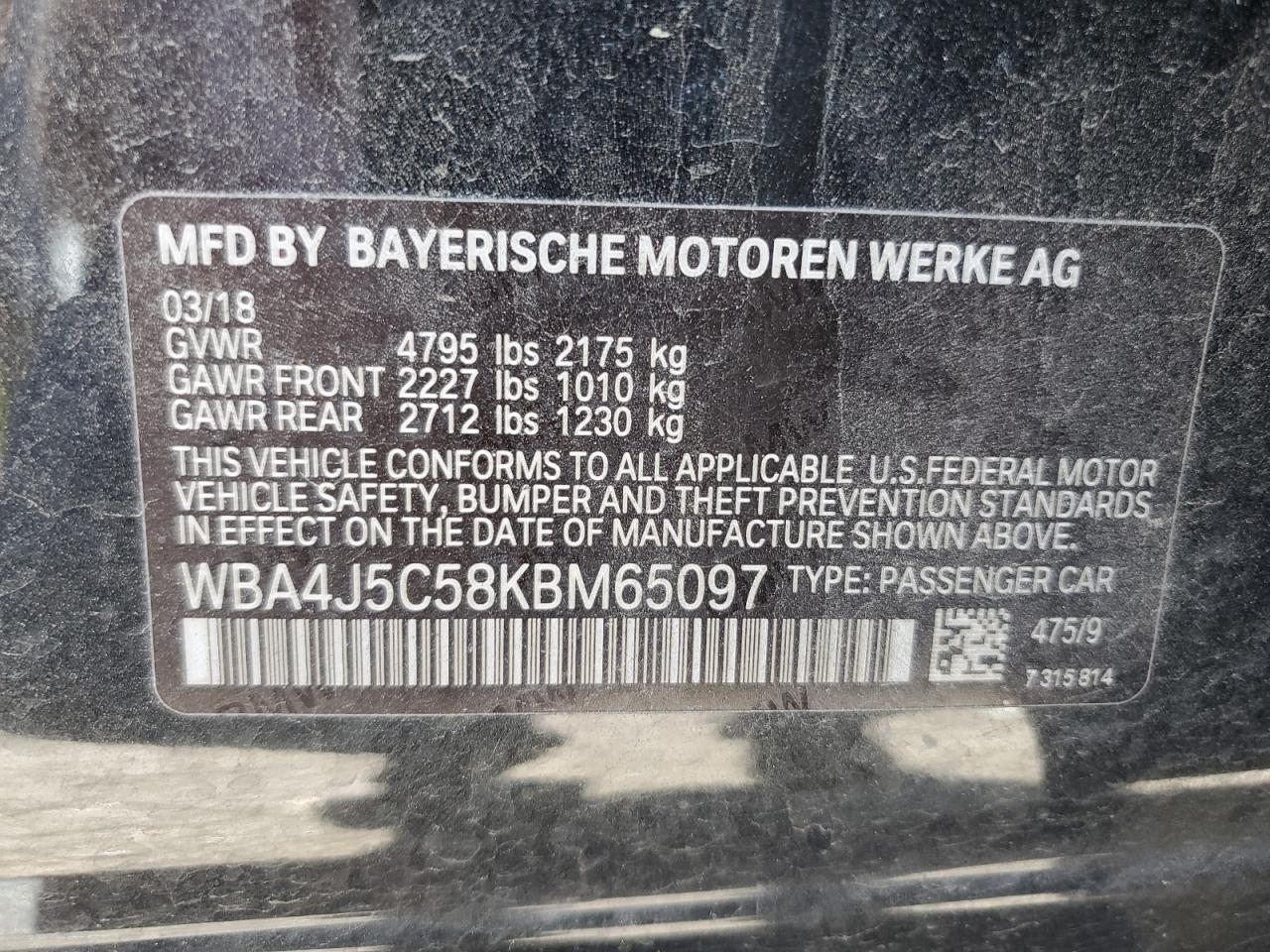 2019 BMW 440I Gran Coupe VIN: WBA4J5C58KBM65097 Lot: 58593505