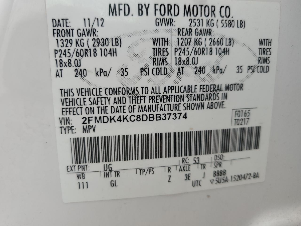 2013 Ford Edge Limited VIN: 2FMDK4KC8DBB37374 Lot: 56186265