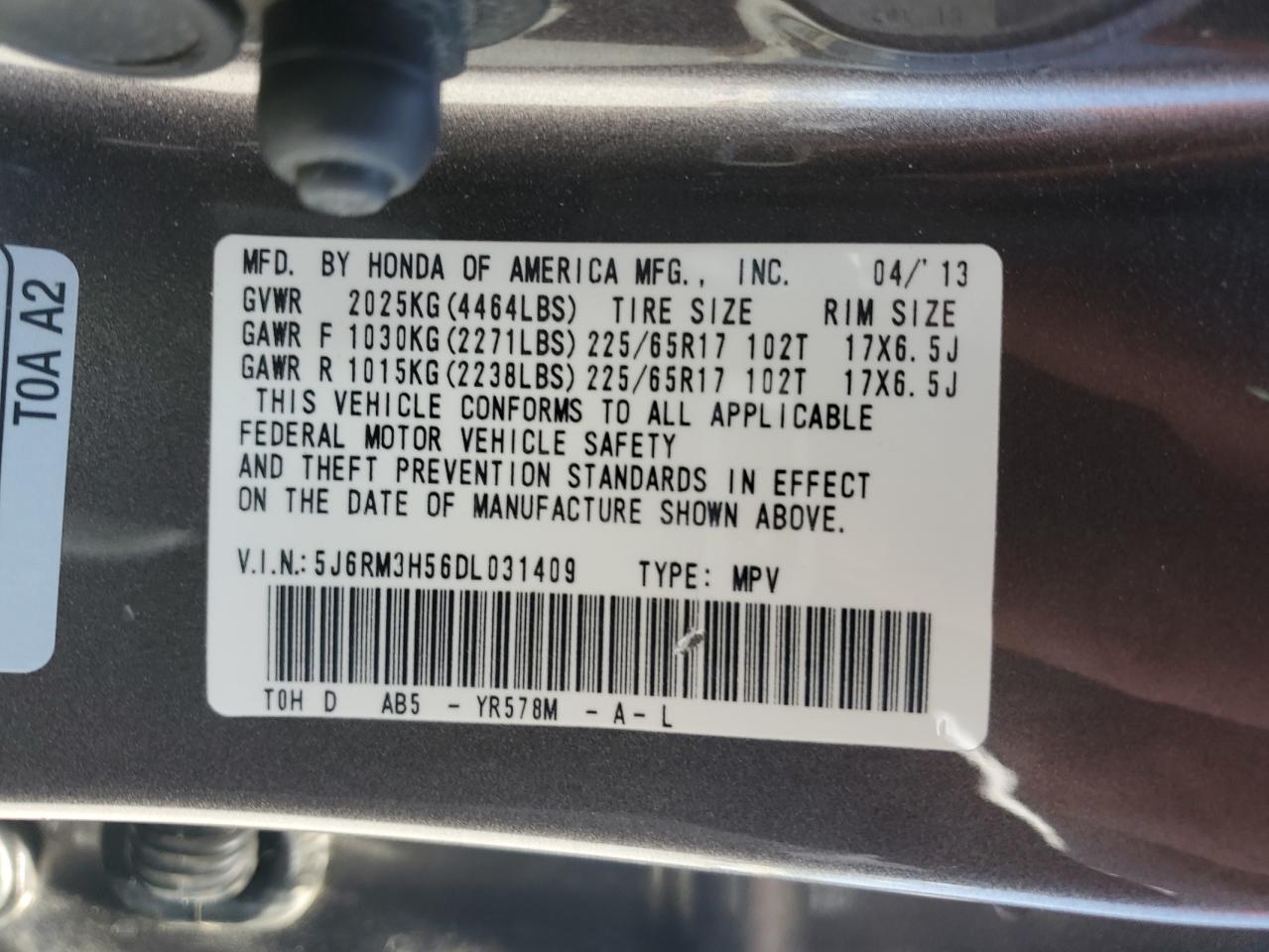 2013 Honda Cr-V Ex VIN: 5J6RM3H56DL031409 Lot: 57153105