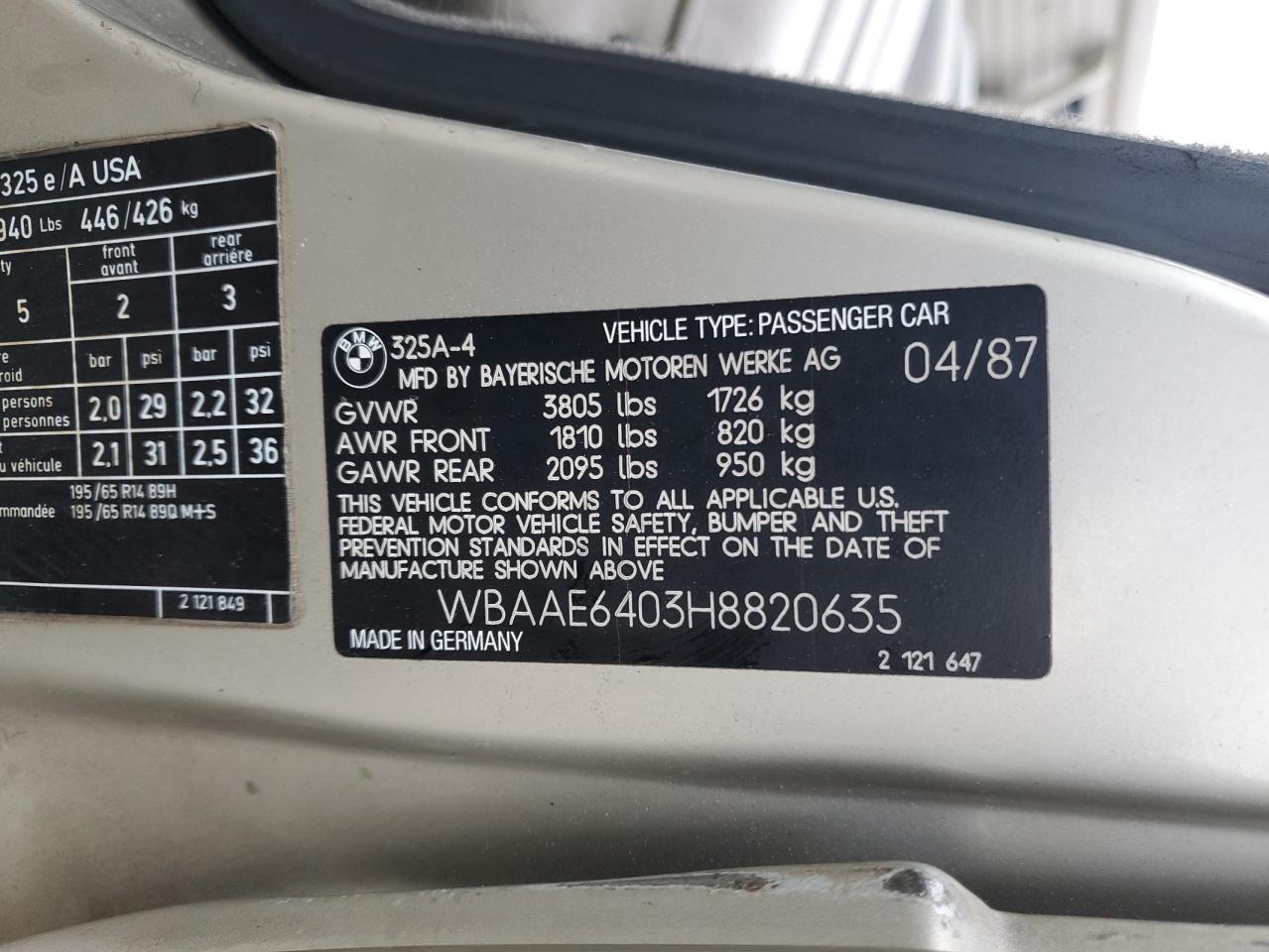 1987 BMW 325 E Automatic VIN: WBAAE6403H8820635 Lot: 55409915