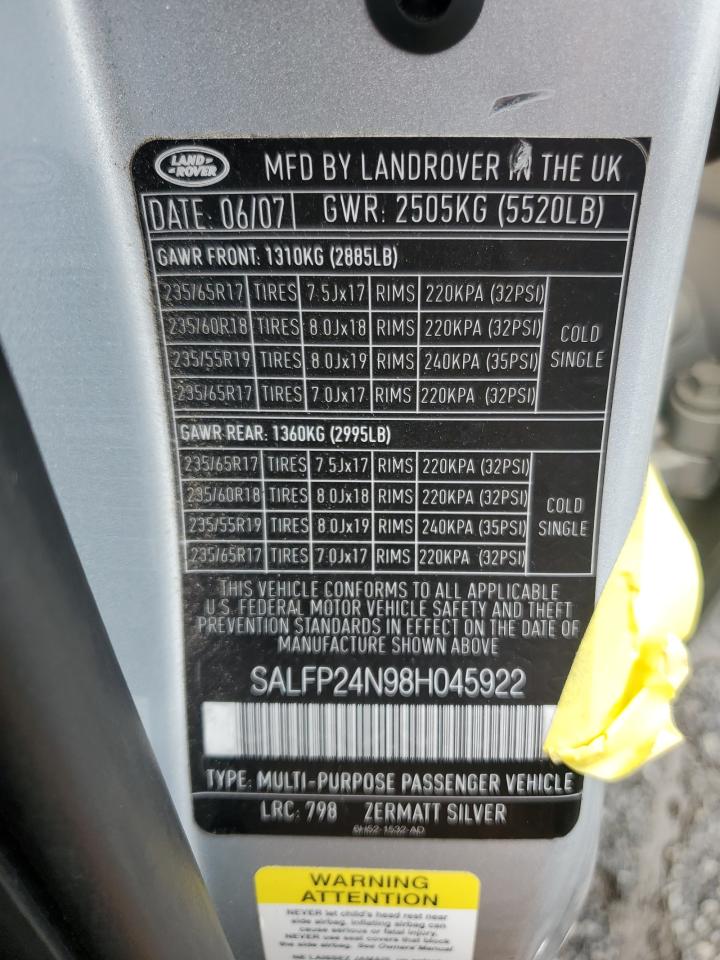 2008 Land Rover Lr2 Se VIN: SALFP24N98H045922 Lot: 58575505