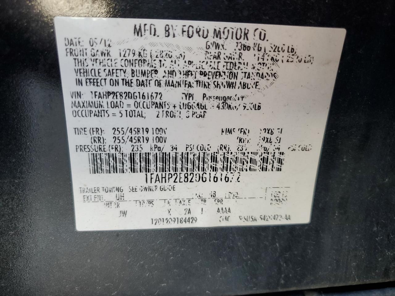 2013 Ford Taurus Sel VIN: 1FAHP2E82DG161672 Lot: 57204385