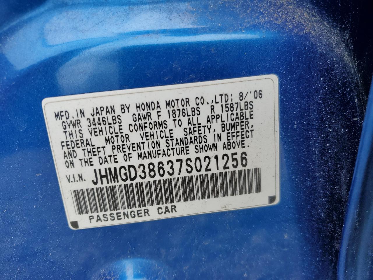 2007 Honda Fit S VIN: JHMGD38637S021256 Lot: 57242895