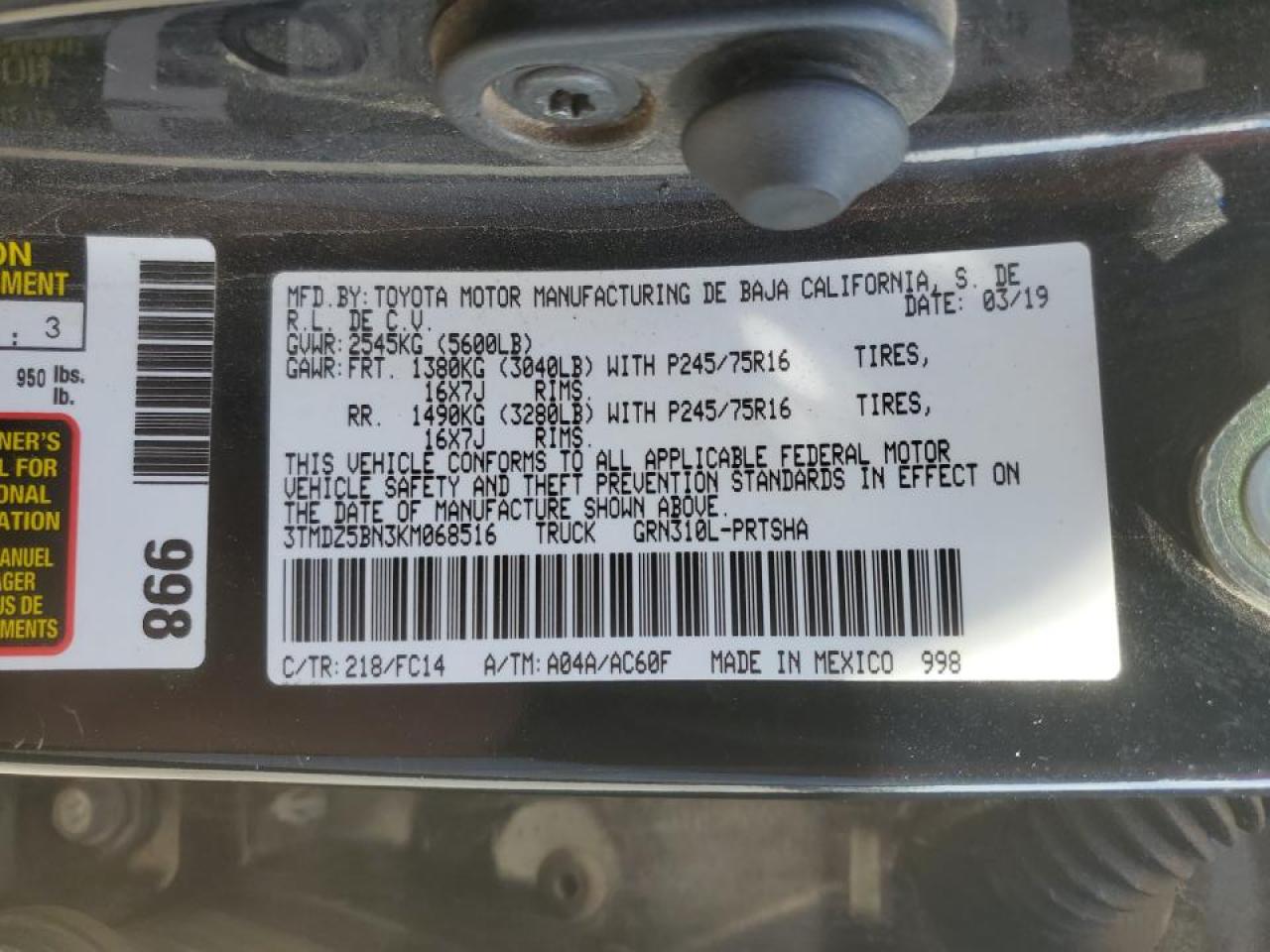 2019 Toyota Tacoma Double Cab VIN: 3TMDZ5BN3KM068516 Lot: 55050355