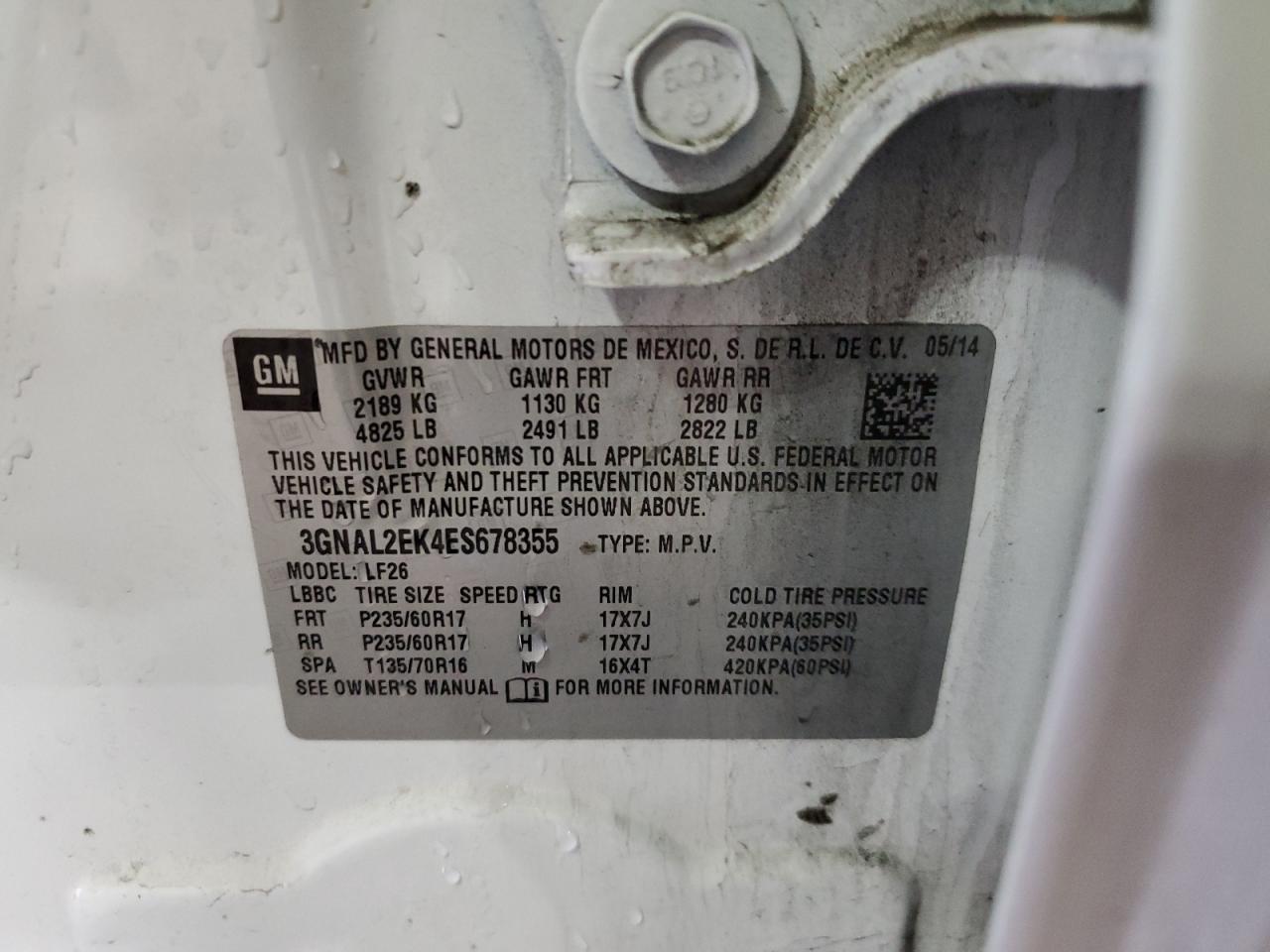 2014 Chevrolet Captiva Ls VIN: 3GNAL2EK4ES678355 Lot: 56067345