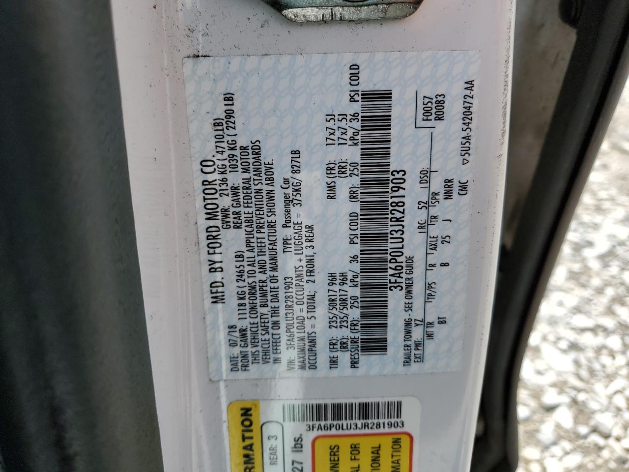 2018 Ford Fusion Se Hybrid VIN: 3FA6P0LU3JR281903 Lot: 54042875