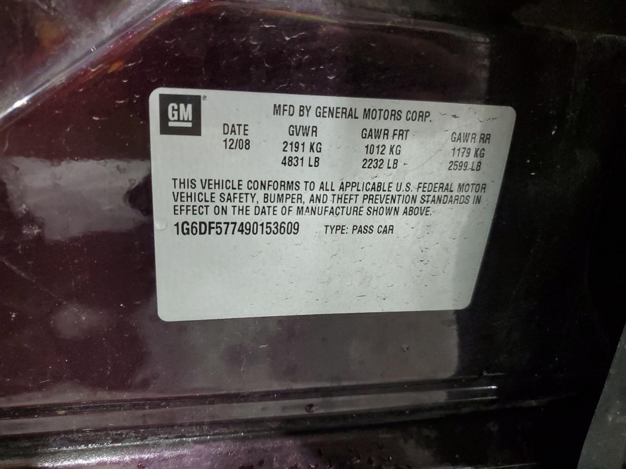 2009 Cadillac Cts VIN: 1G6DF577490153609 Lot: 56169675