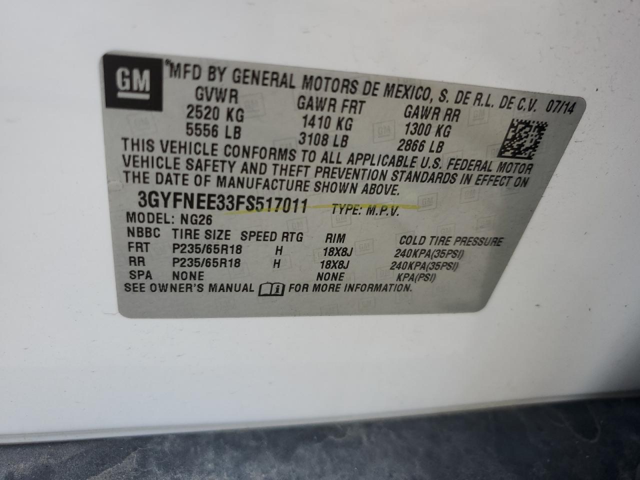 2015 Cadillac Srx Luxury Collection VIN: 3GYFNEE33FS517011 Lot: 58399065