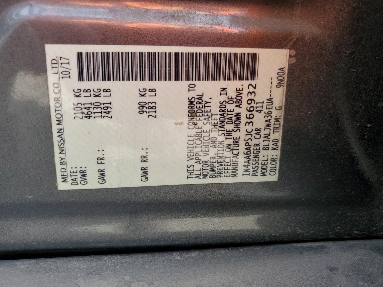 2018 Nissan Maxima 3.5S VIN: 1N4AA6AP5JC366932 Lot: 58024485