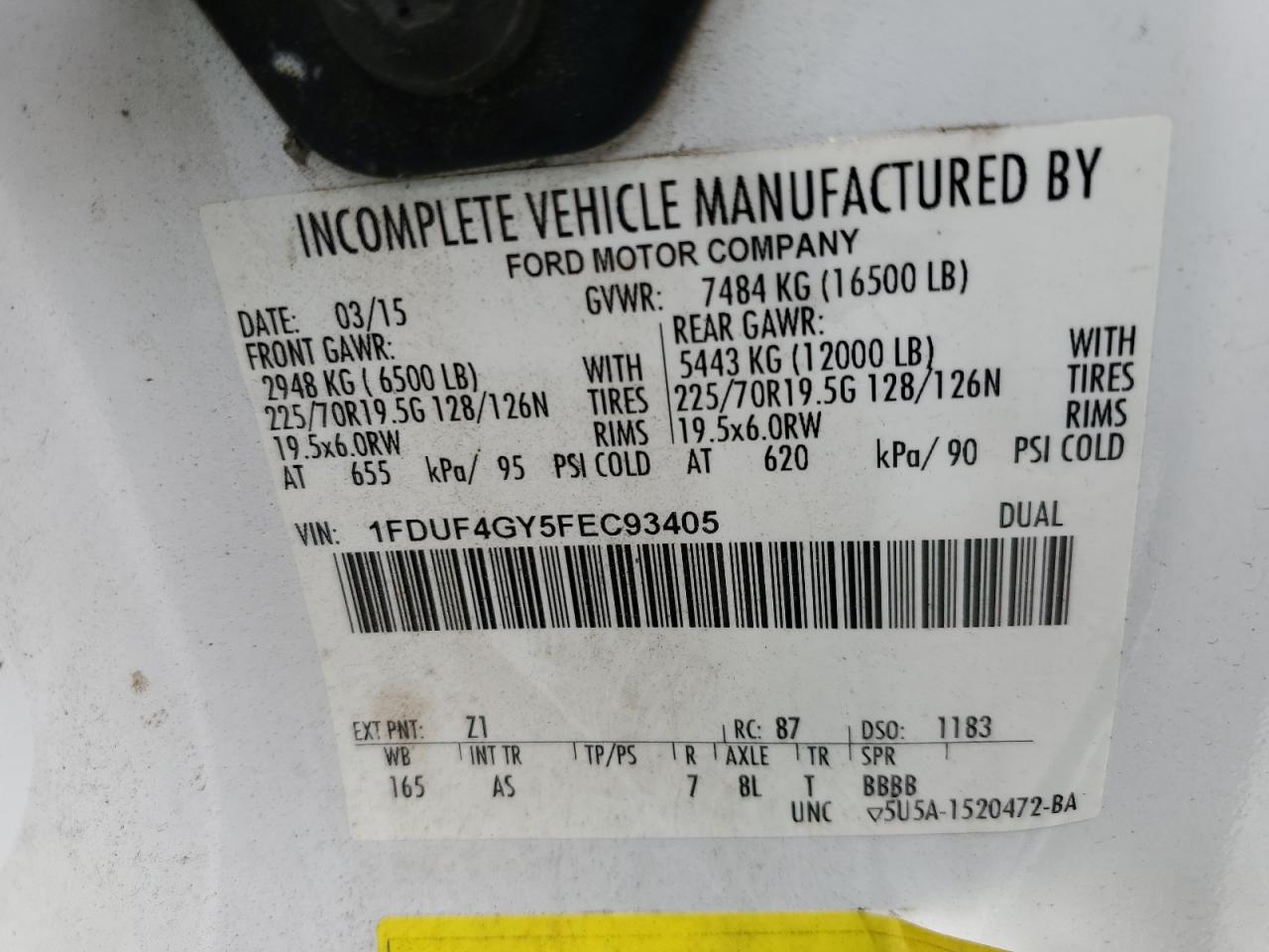 2015 Ford F450 Super Duty VIN: 1FDUF4GY5FEC93405 Lot: 55609865