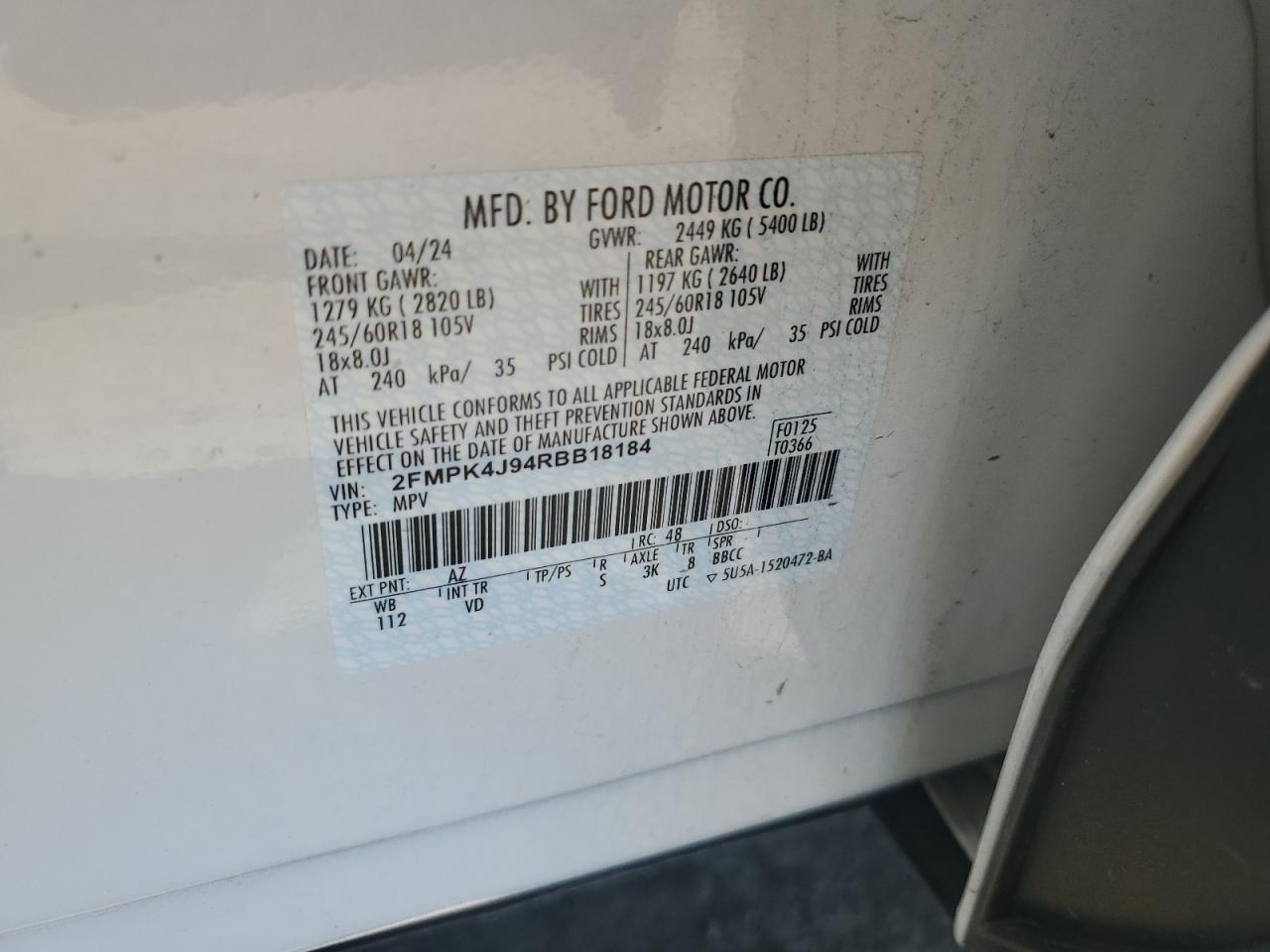 2024 Ford Edge Sel VIN: 2FMPK4J94RBB18184 Lot: 56491375