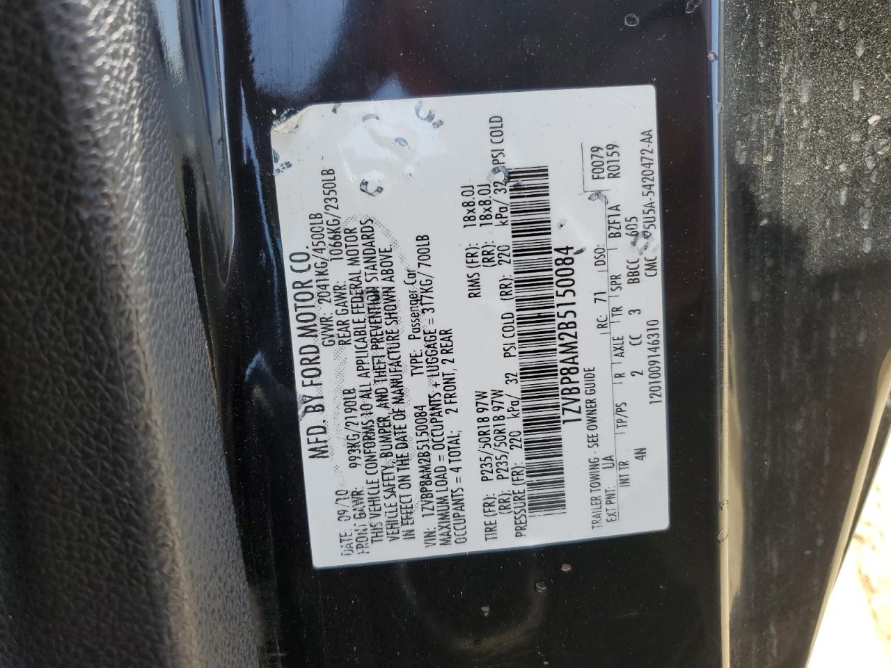 2011 Ford Mustang VIN: 1ZVBP8AM2B5150084 Lot: 57343265