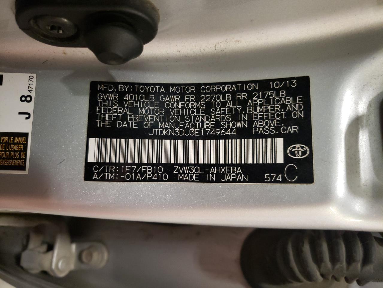 2014 Toyota Prius VIN: JTDKN3DU3E1749644 Lot: 56952265