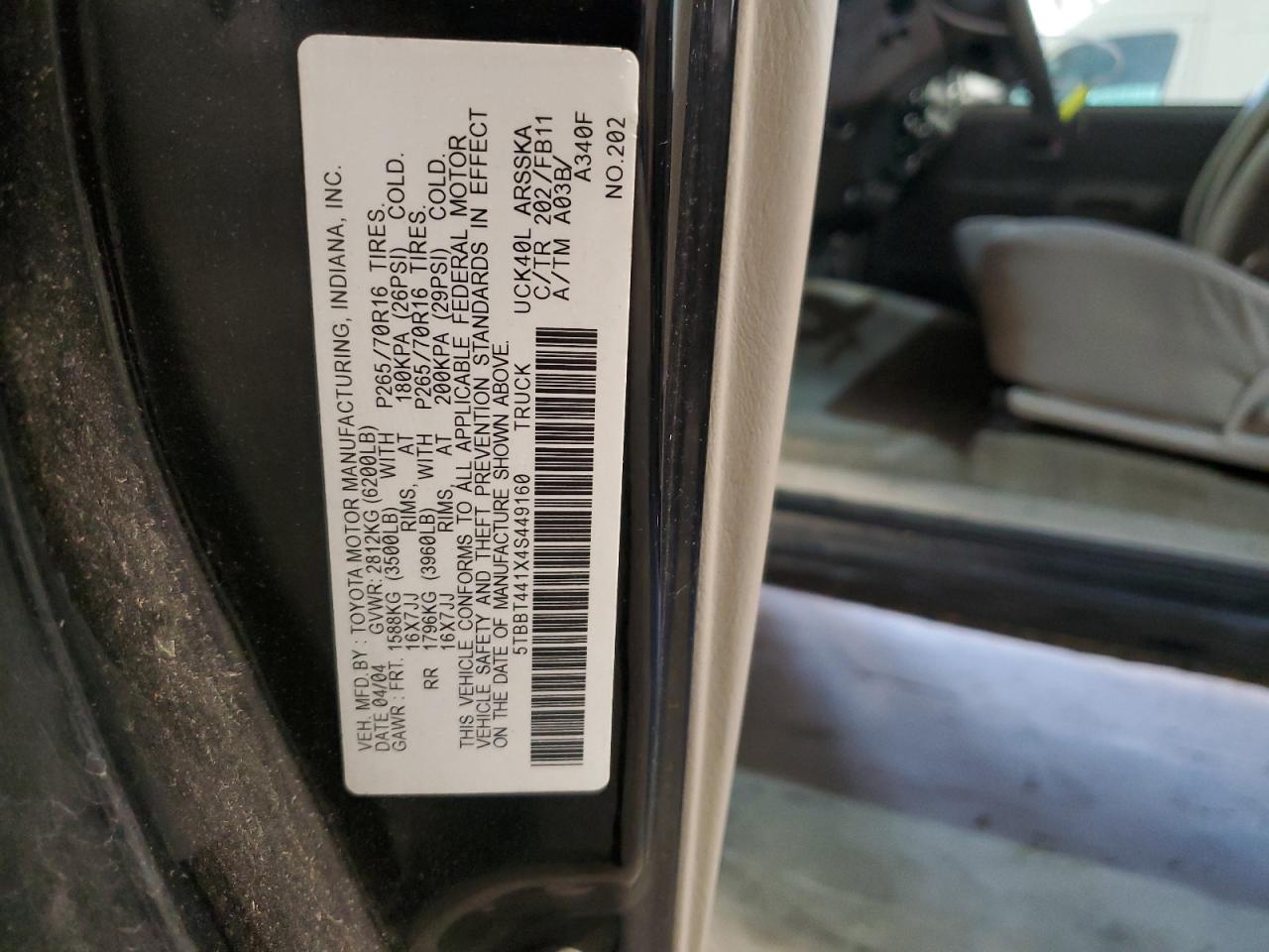 2004 Toyota Tundra Access Cab Sr5 VIN: 5TBBT441X4S449160 Lot: 56820105