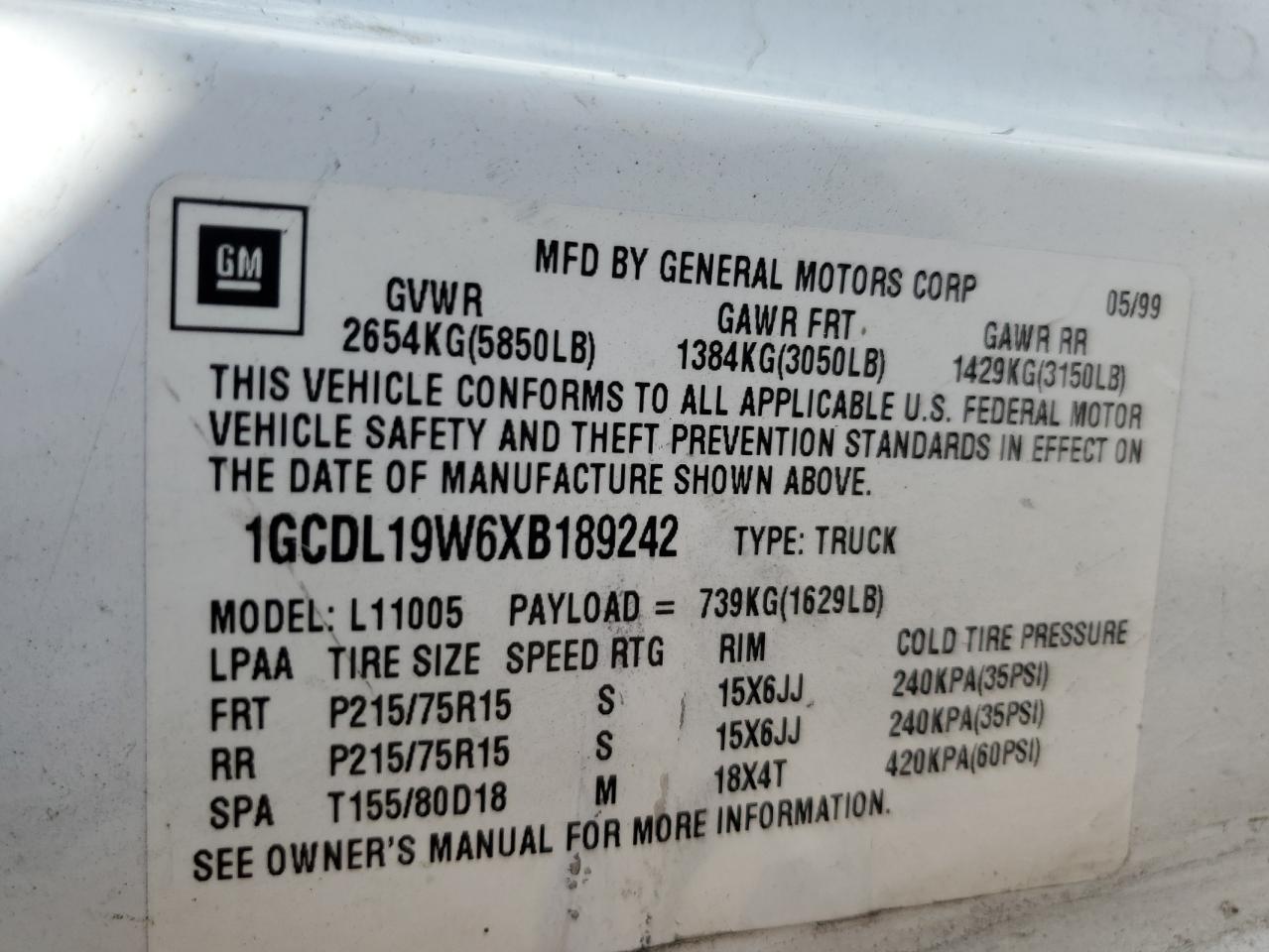 1999 Chevrolet Astro VIN: 1GCDL19W6XB189242 Lot: 56042595