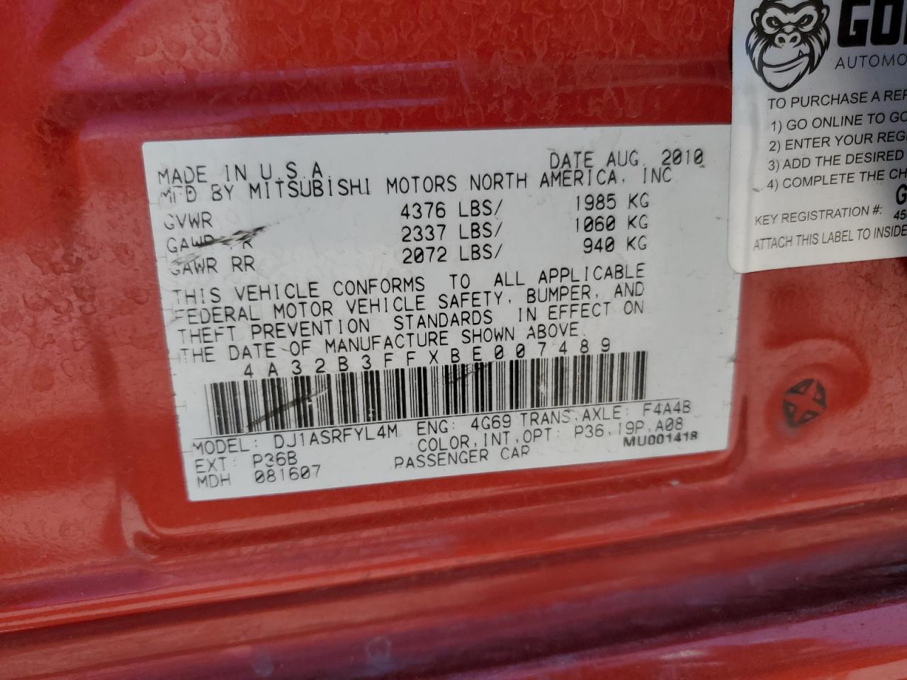 2011 Mitsubishi Galant Es VIN: 4A32B3FFXBE007489 Lot: 56284245