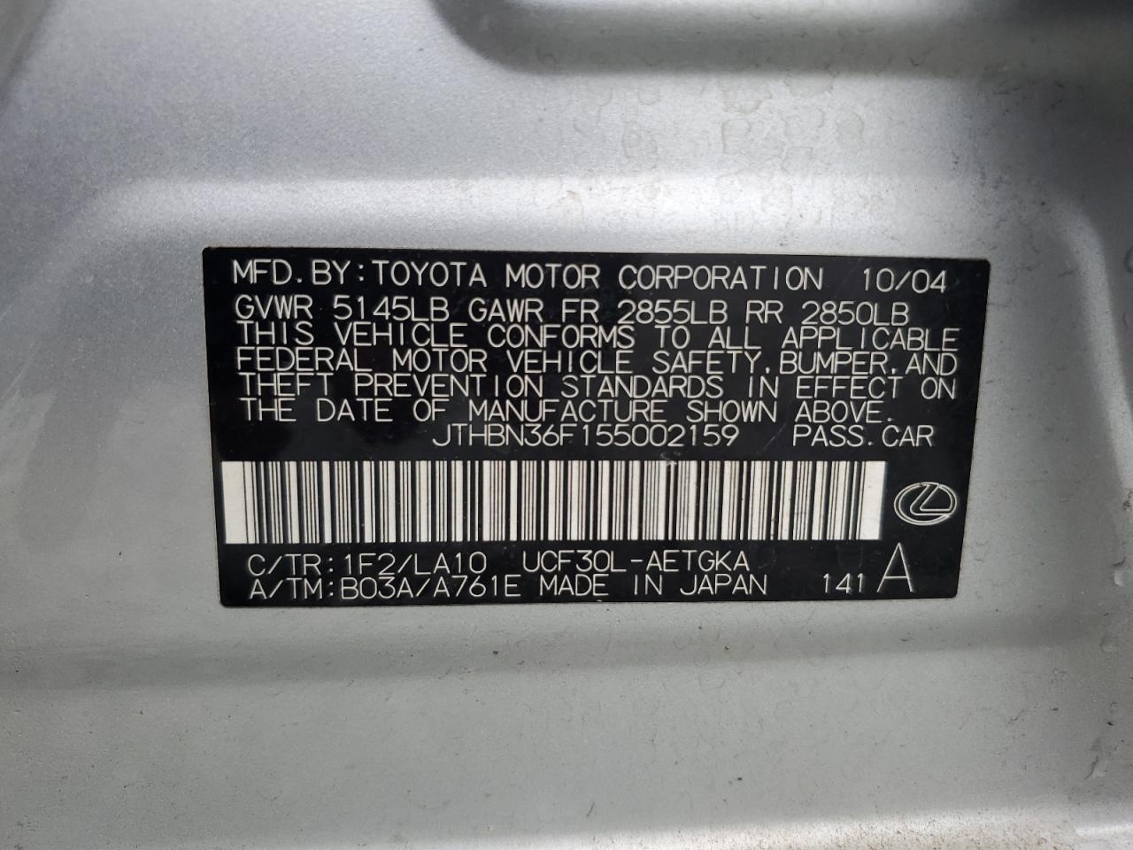 2005 Lexus Ls 430 VIN: JTHBN36F155002159 Lot: 56783065