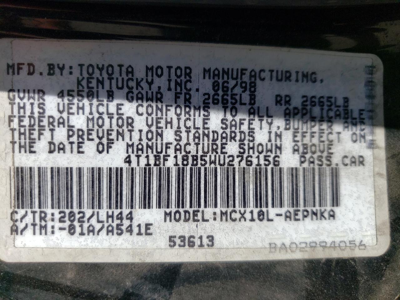 1998 Toyota Avalon Xl VIN: 4T1BF18B5WU276156 Lot: 54263485