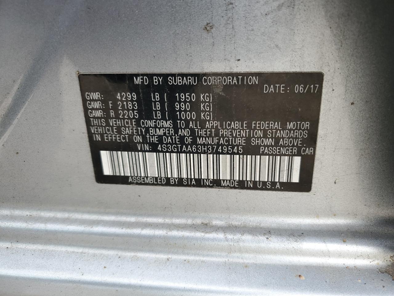 2017 Subaru Impreza VIN: 4S3GTAA63H3749545 Lot: 55914005