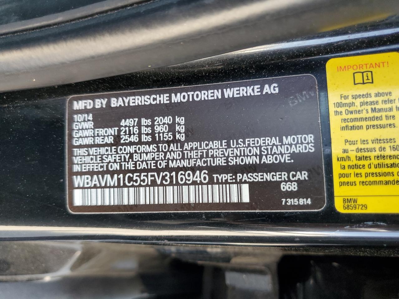 2015 BMW X1 Sdrive28I VIN: WBAVM1C55FV316946 Lot: 56053445