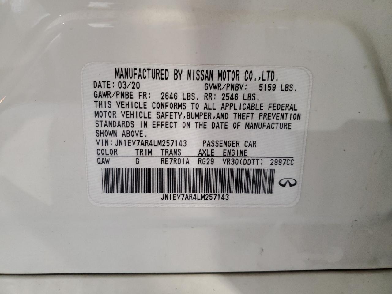 2020 Infiniti Q50 Pure VIN: JN1EV7AR4LM257143 Lot: 57157065
