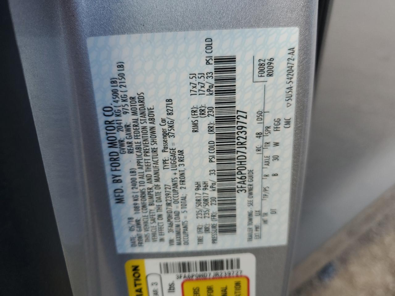 2018 Ford Fusion Se VIN: 3FA6P0HD7JR239727 Lot: 57419285